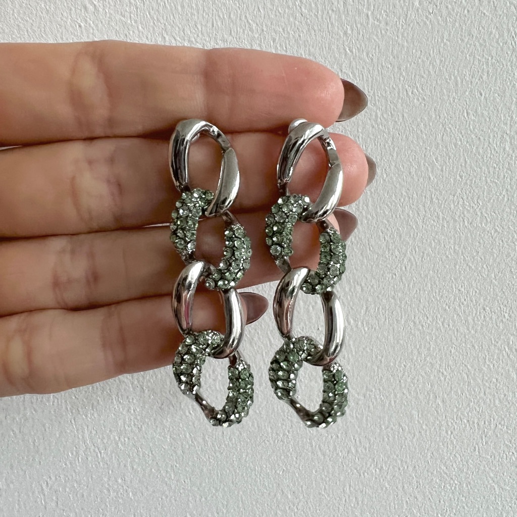 Asos Silver Tone Mint Green Crystal Encrusted Chainlink Drop Down Earrings